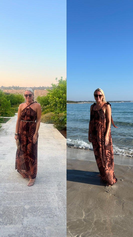 Woman wearing Iris resort dress in two different holiday settings - casual daytime beach look and elegant evening styling
