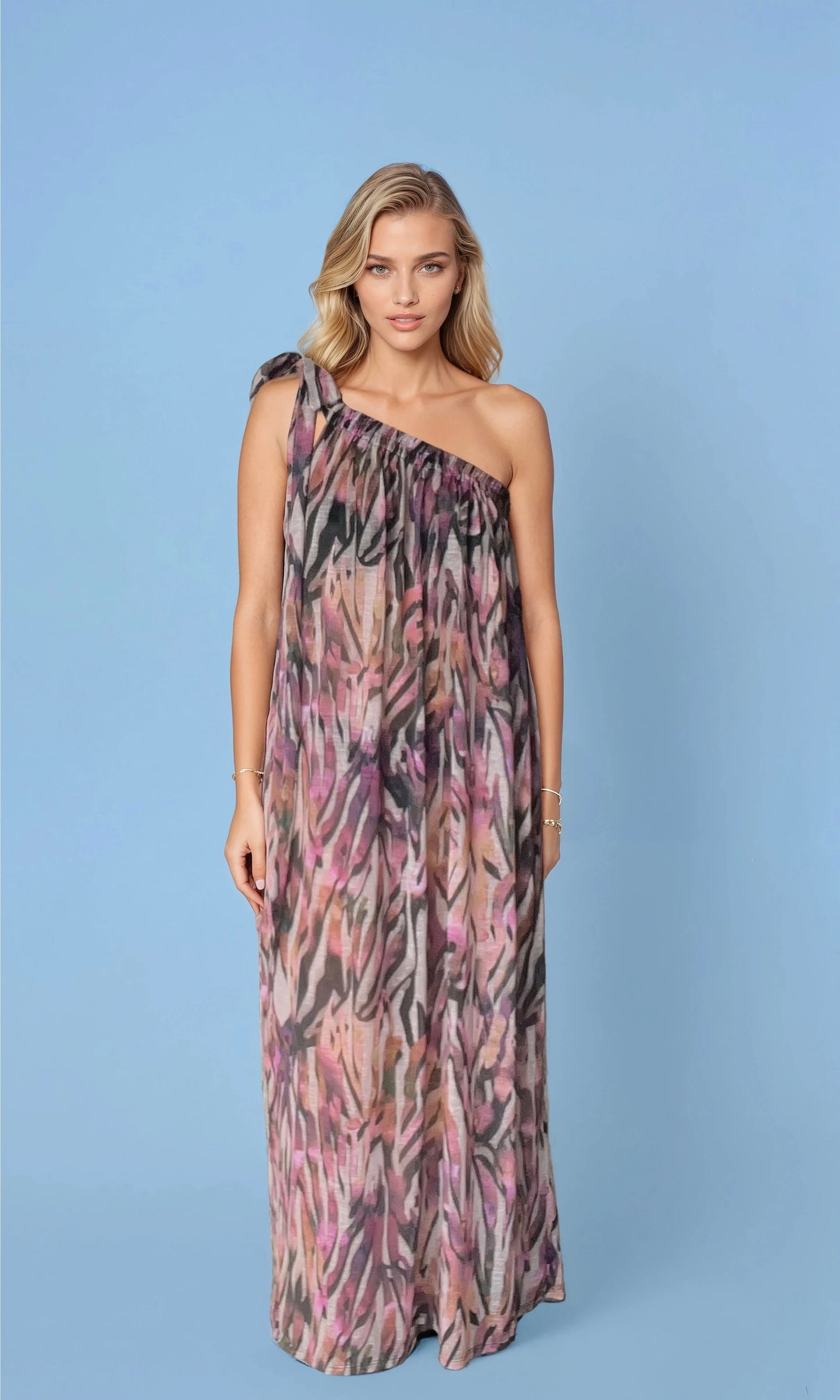 Athena One-Shoulder Dress in Coral Print Shorebirds
