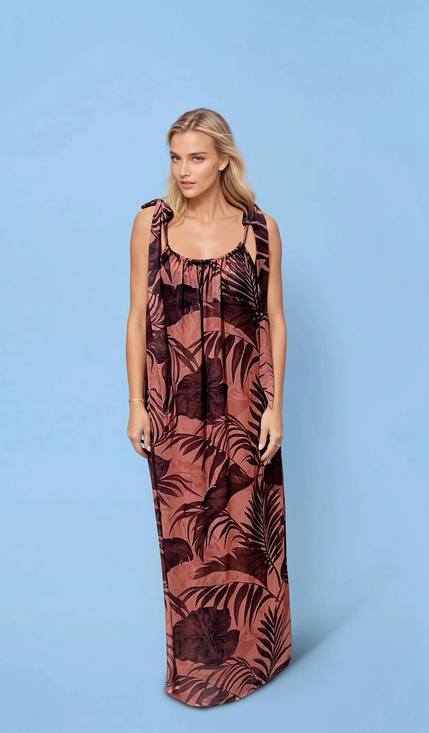 Iris Tie Shoulder Dress in Palm Print Shorebirds