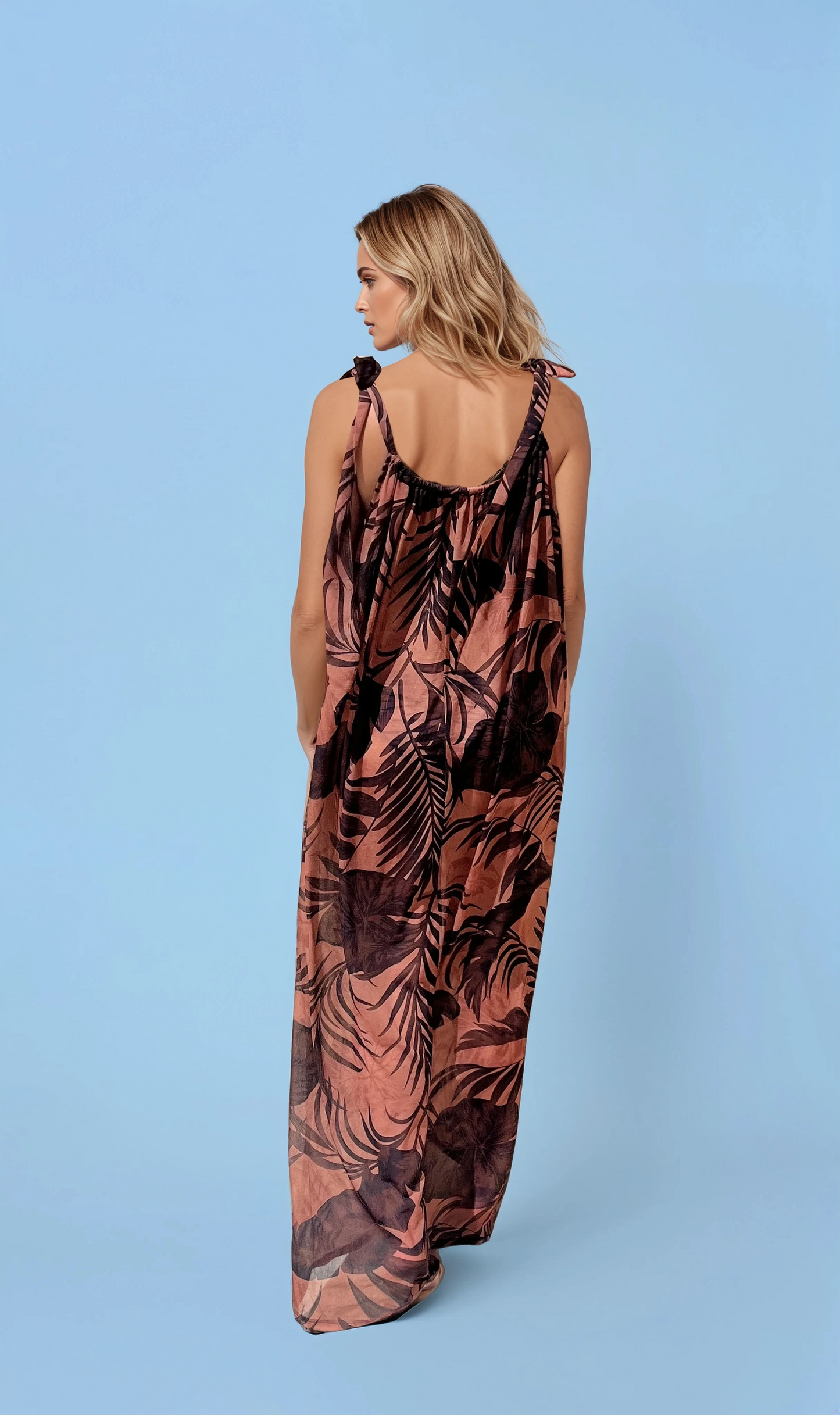 Iris Tie Shoulder Dress in Palm Print Shorebirds