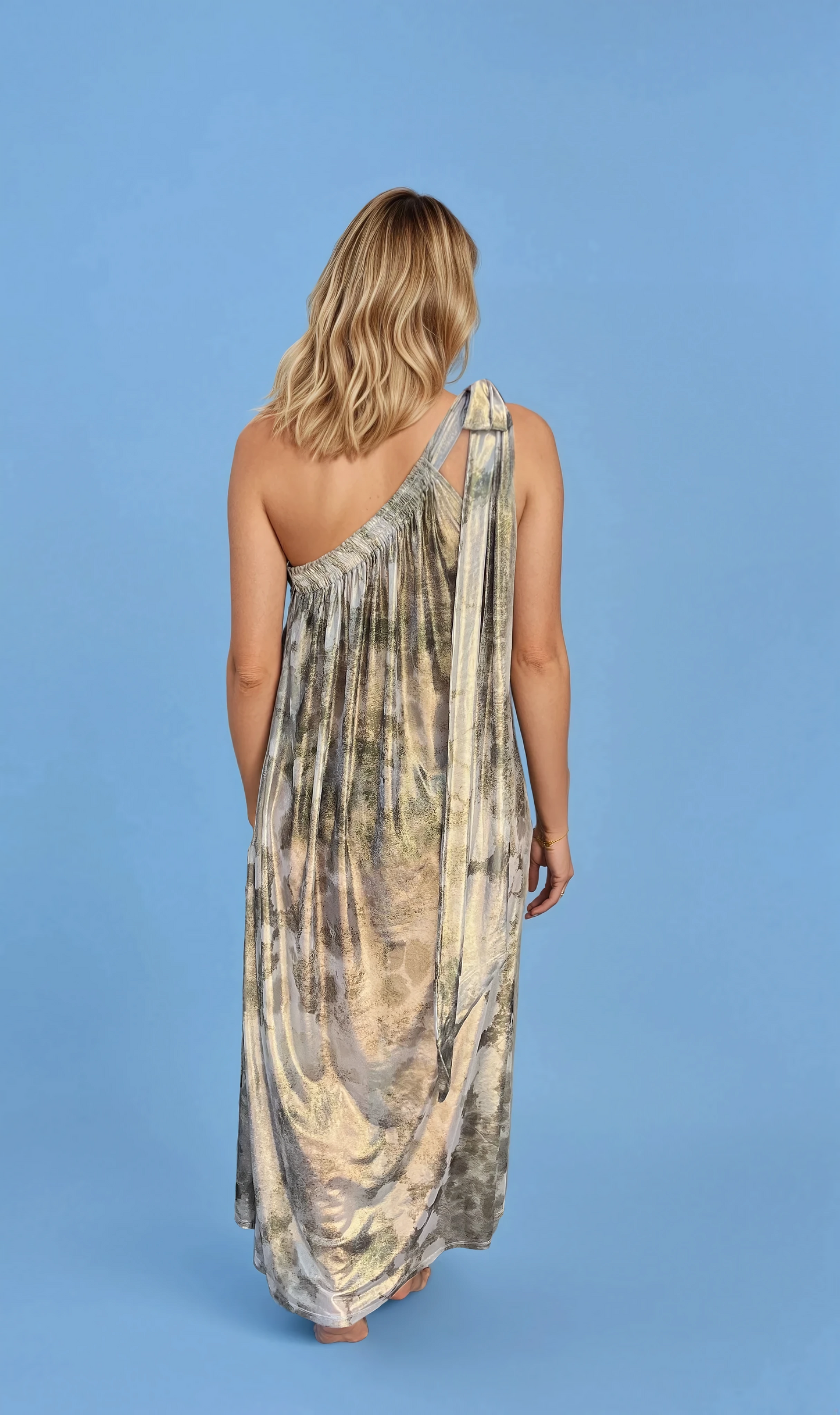 Athena One Shoulder Dress in Gold Metallic Shorebirds