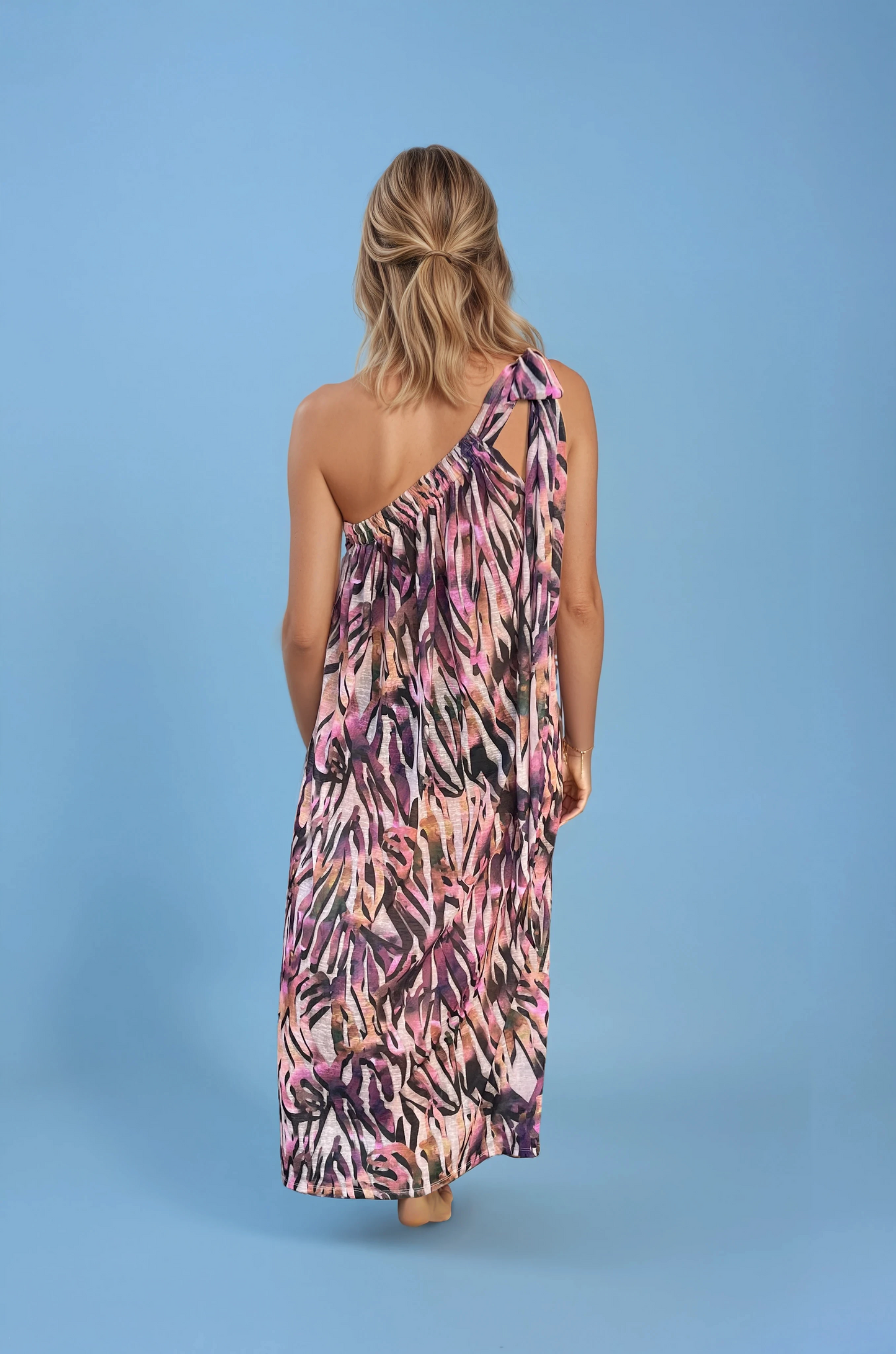 Athena One-Shoulder Dress in Coral Print Shorebirds