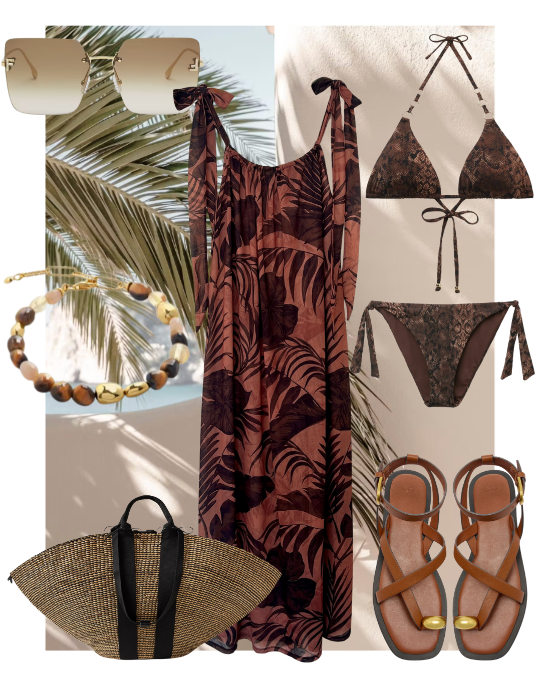 Iris Tie Shoulder Dress in Palm Print Shorebirds