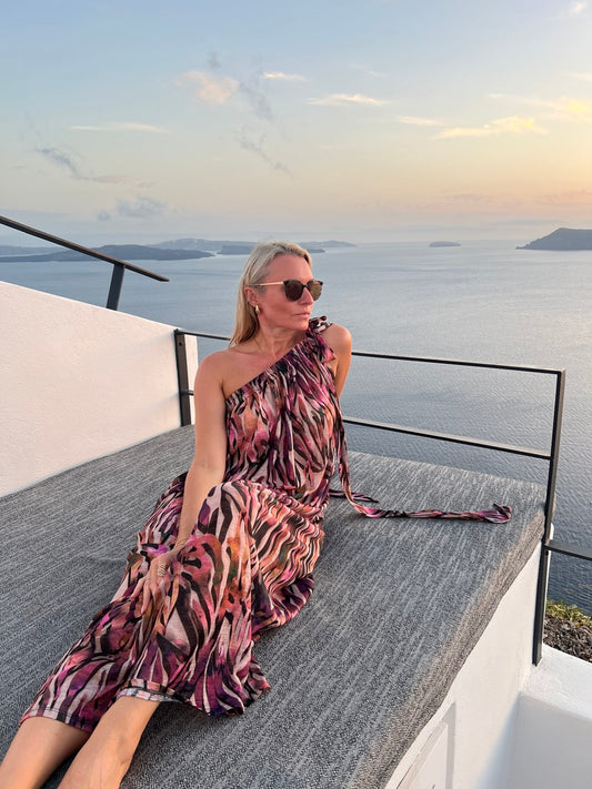 Athena One-Shoulder Dress in Coral Print Shorebirds