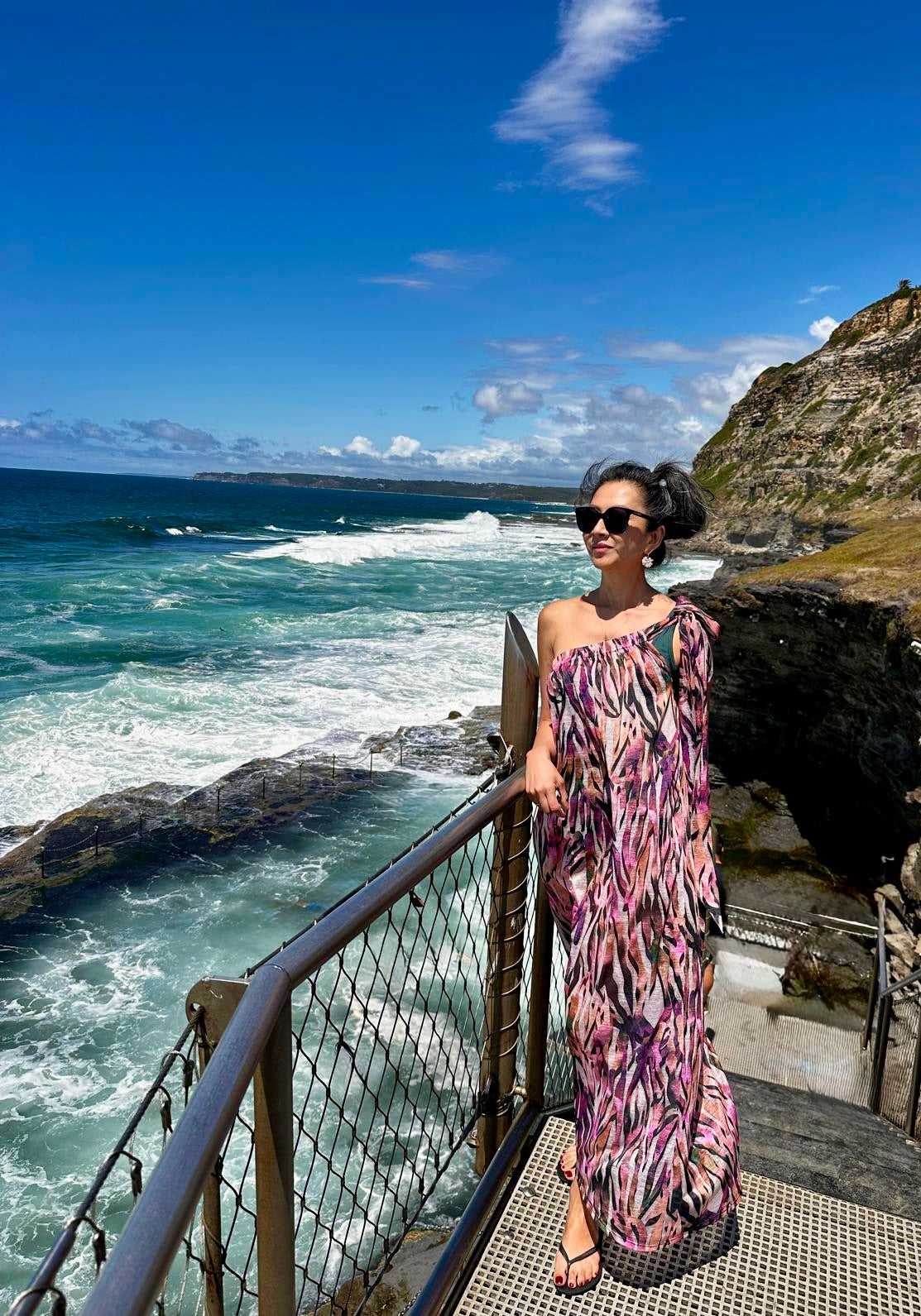 Athena One-Shoulder Dress in Coral Print Shorebirds