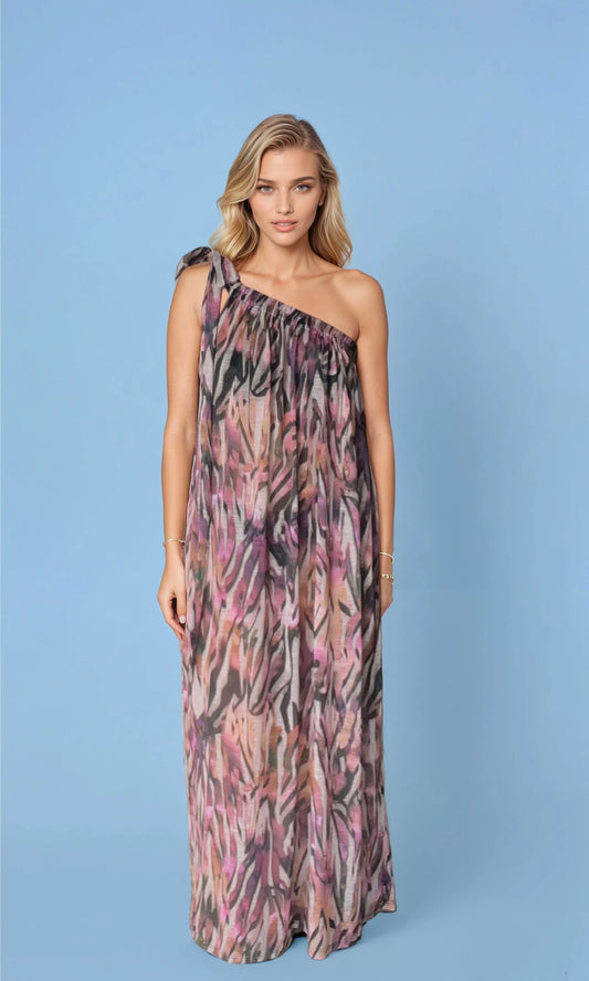 Athena One-Shoulder Dress in Coral Print
