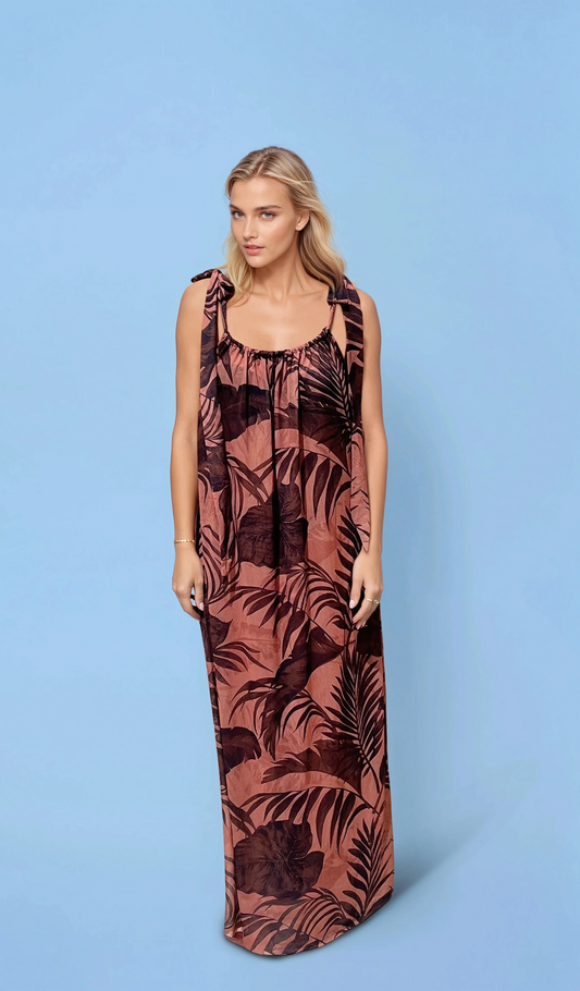 Iris Tie Shoulder Dress in Palm Print